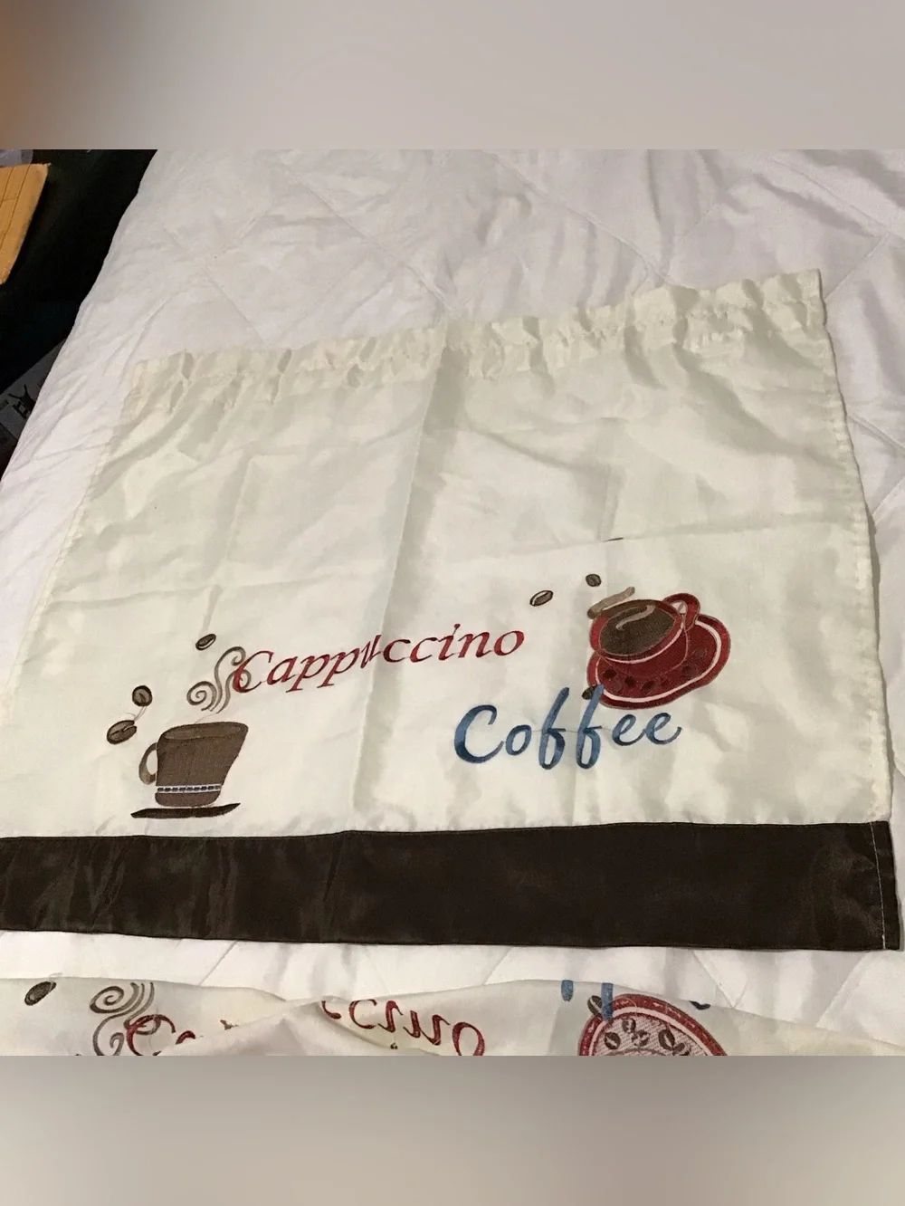 Cappuccino Coffee Kitchen Curtain Panel in White, Brown and Red two panels